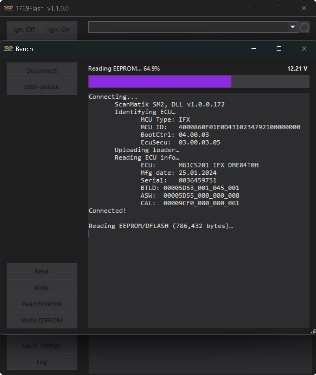 1769Flash Bench window connected to an MG1CS201, reading the EEPROM/DFLASH